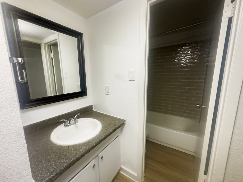 4500 Witham Lane, Unit 101 Austin, TX 78745 - Photo 6 of 27 Bathroom featuring vanity, tub / shower combination, and wood finished floors