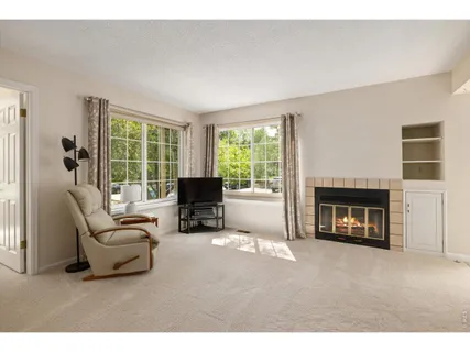 a living room with furniture a fireplace and a floor to ceiling window