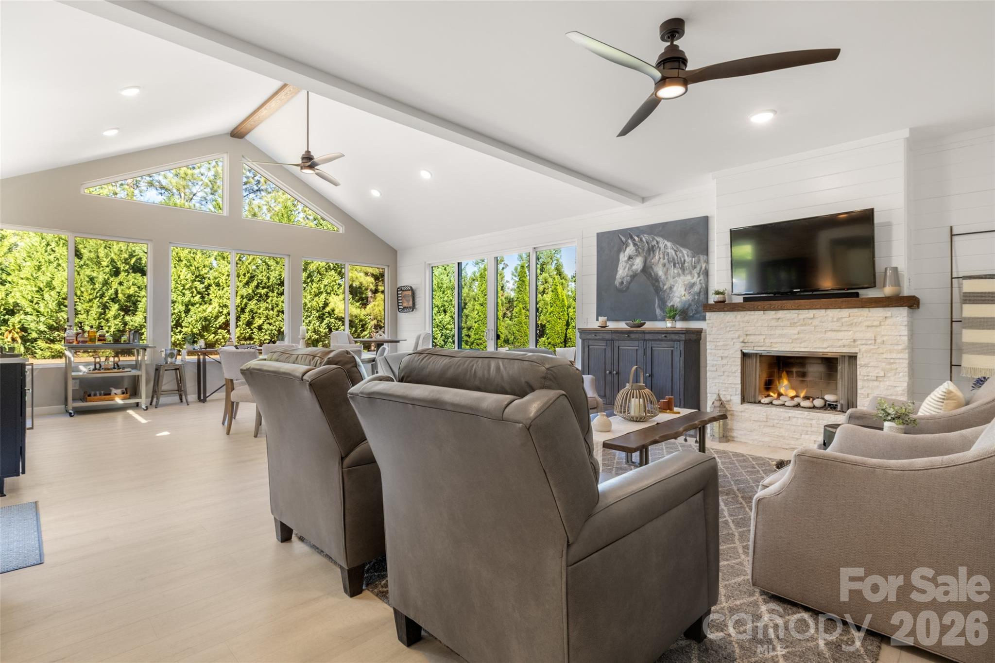 a living room with furniture a flat screen tv and a fireplace