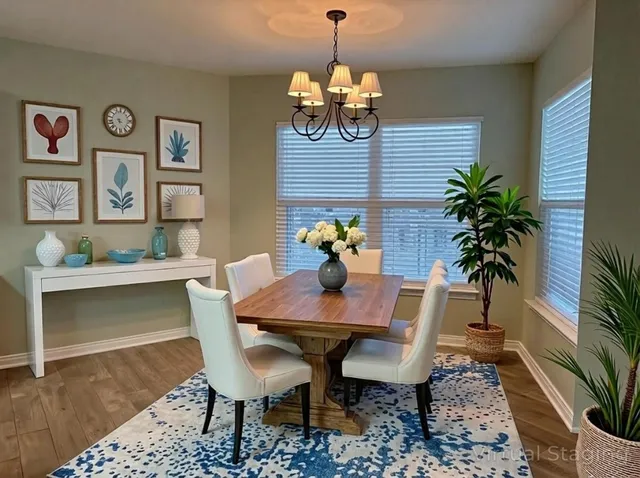 a dining room with furniture potted plants and wooden floor