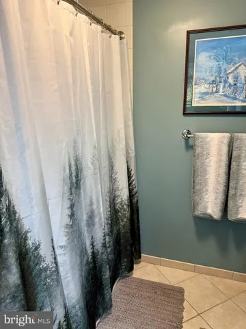 a bathroom with a shower curtain and a window