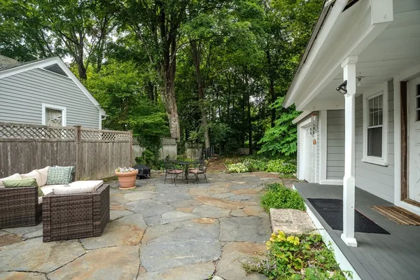 a backyard of a house with outdoor seating