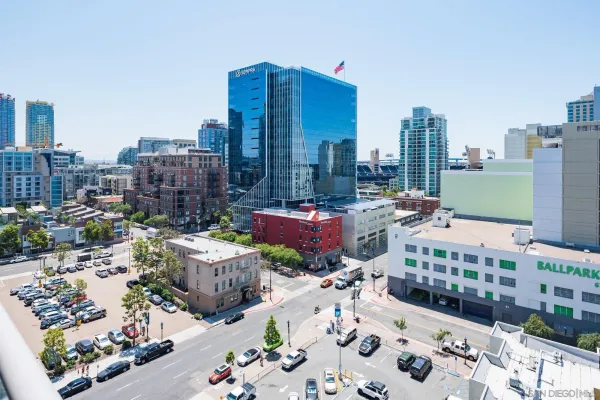 a view of a city with tall buildings