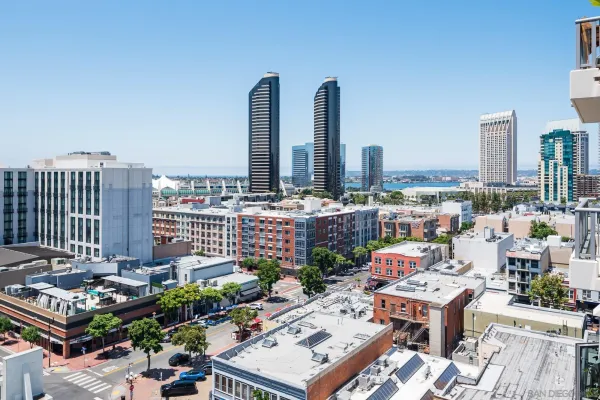 a view of city with tall buildings