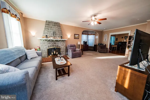 a living room with furniture and a fireplace