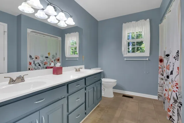 a bathroom with a double vanity sink mirror and a toilet