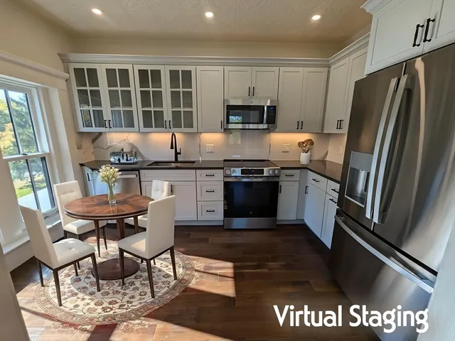 a kitchen with stainless steel appliances granite countertop a stove a sink dishwasher a refrigerator and a microwave