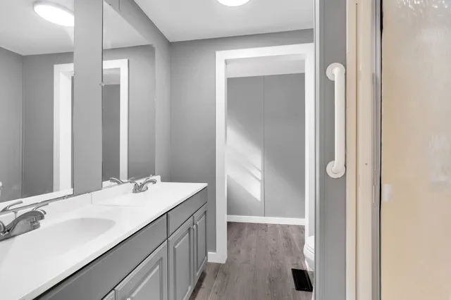 a bathroom with a sink vanity and a mirror