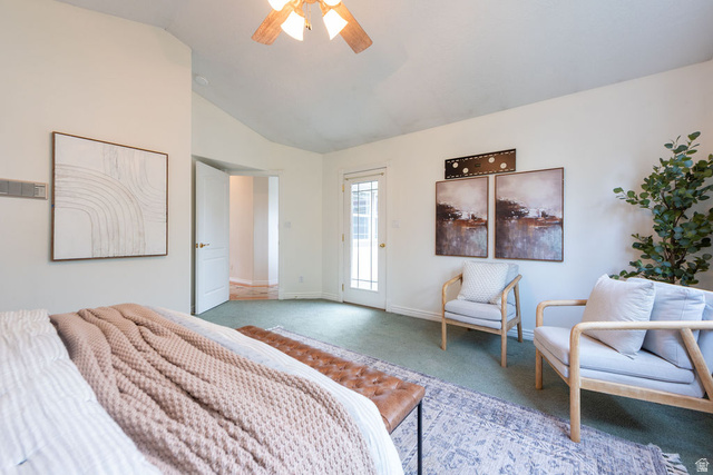 875 East 1300th Street North Mapleton, UT 84664 - Photo 29 of 65 Bedroom featuring light colored carpet, access to exterior, a ceiling fan, and vaulted ceiling