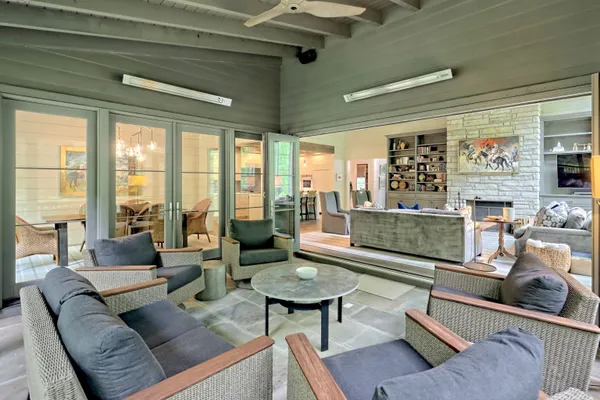 a view of a garden with an outdoor space