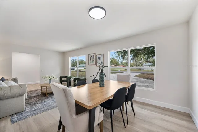 a view of a dining room with furniture window and wooden floor