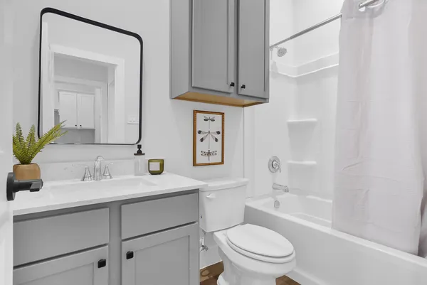 a front view of multiple houses with yard and green space