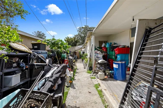 a view of a garage with a table and chairs
