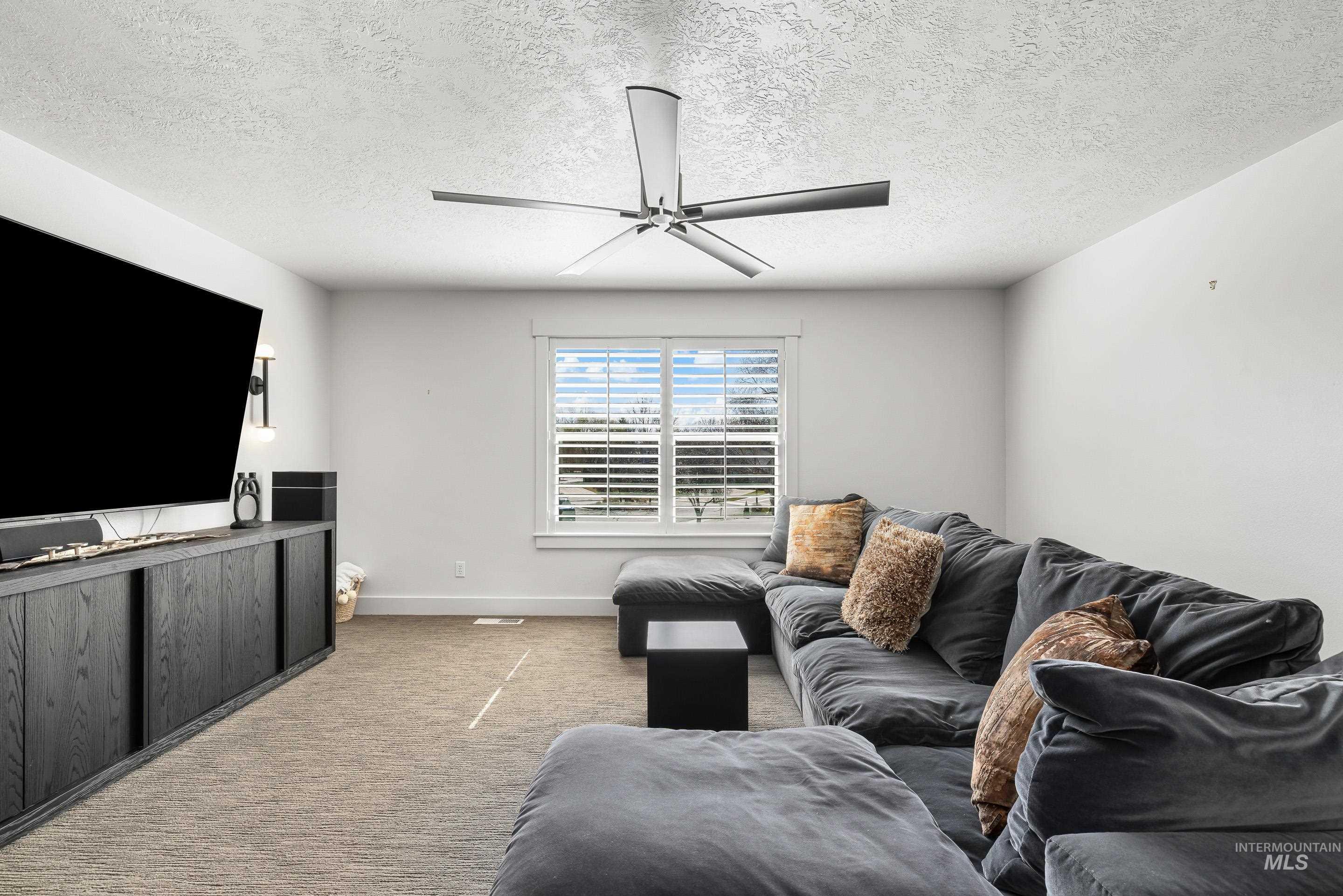 1166 East Rivers End Drive Eagle, ID 83616 - Photo 36 of 50 Living room featuring carpet, ceiling fan, and a textured ceiling