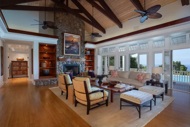 a view of a park with large trees