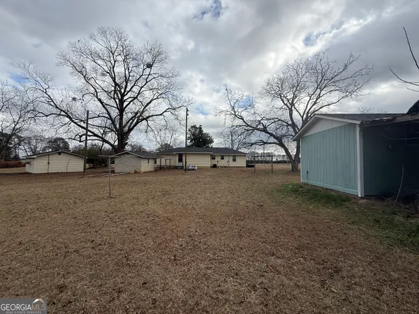 a view of dirt yard with a large tree