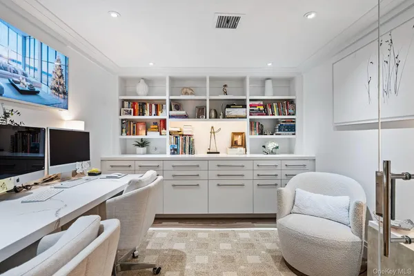 a room with a workspace