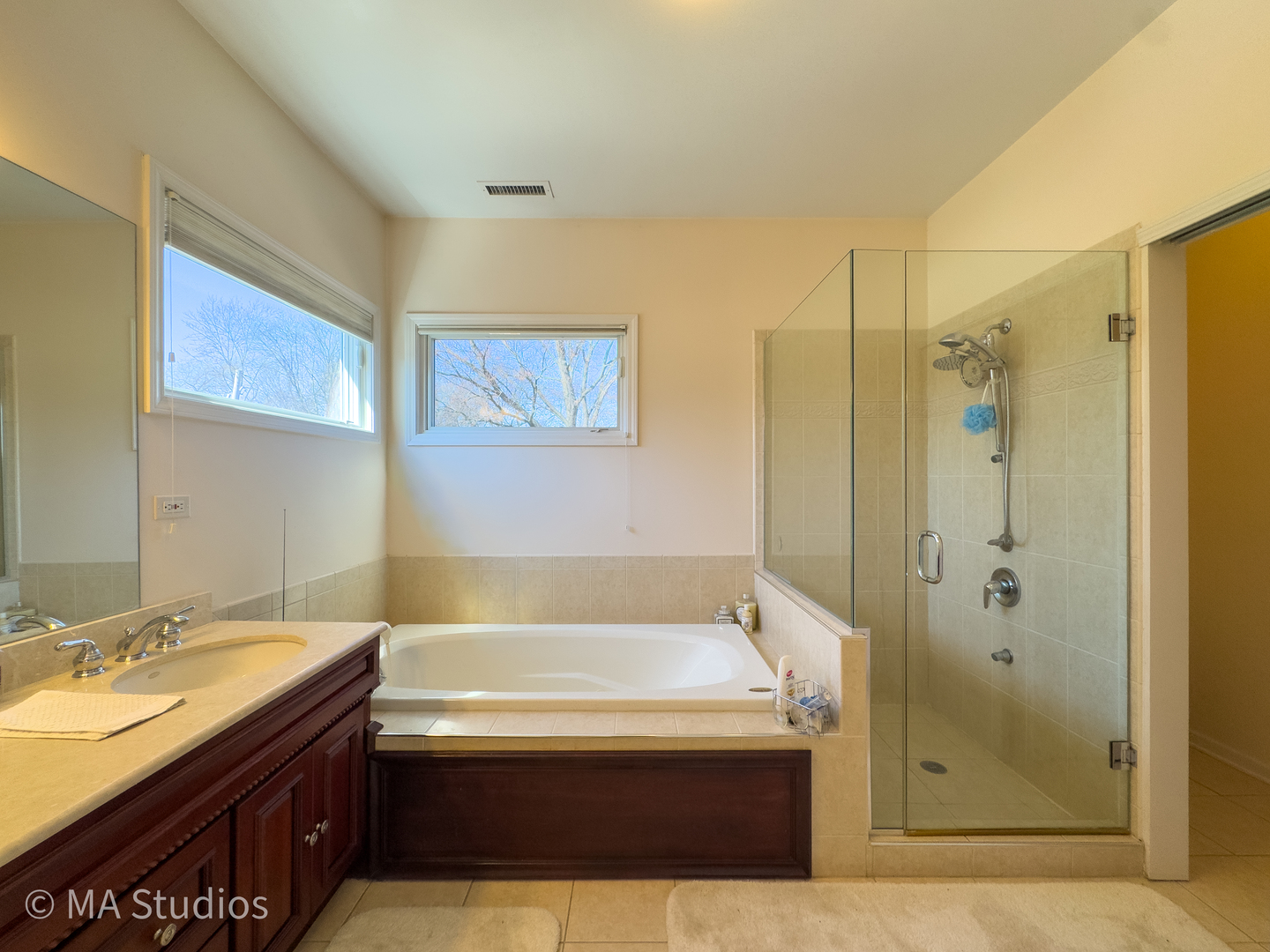 8912 Harms Road Morton Grove, IL 60053 - Photo 44 of 85 a bathroom with a granite countertop tub sink shower and mirror