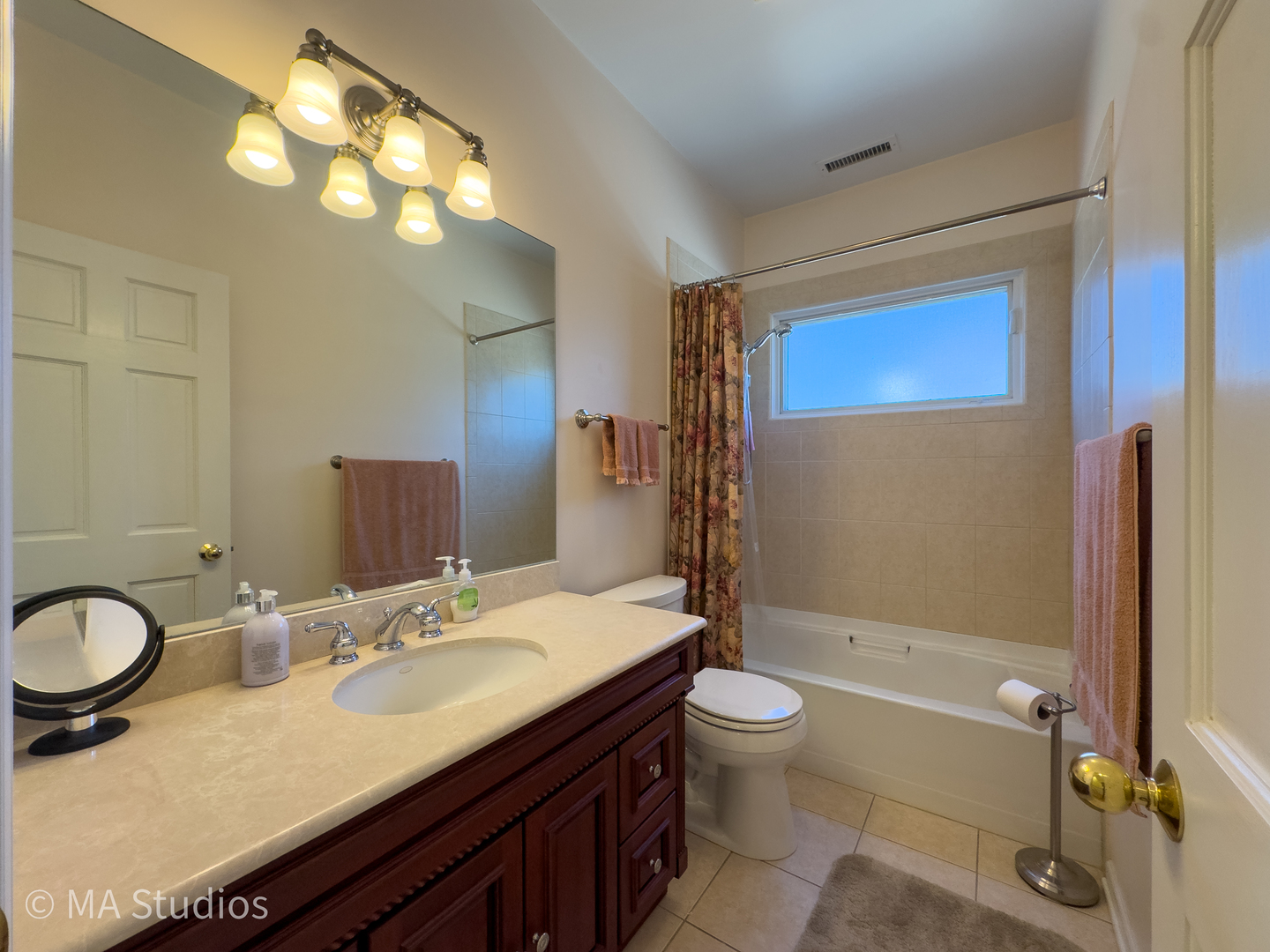 8912 Harms Road Morton Grove, IL 60053 - Photo 60 of 85 a bathroom with a granite countertop sink toilet mirror and shower