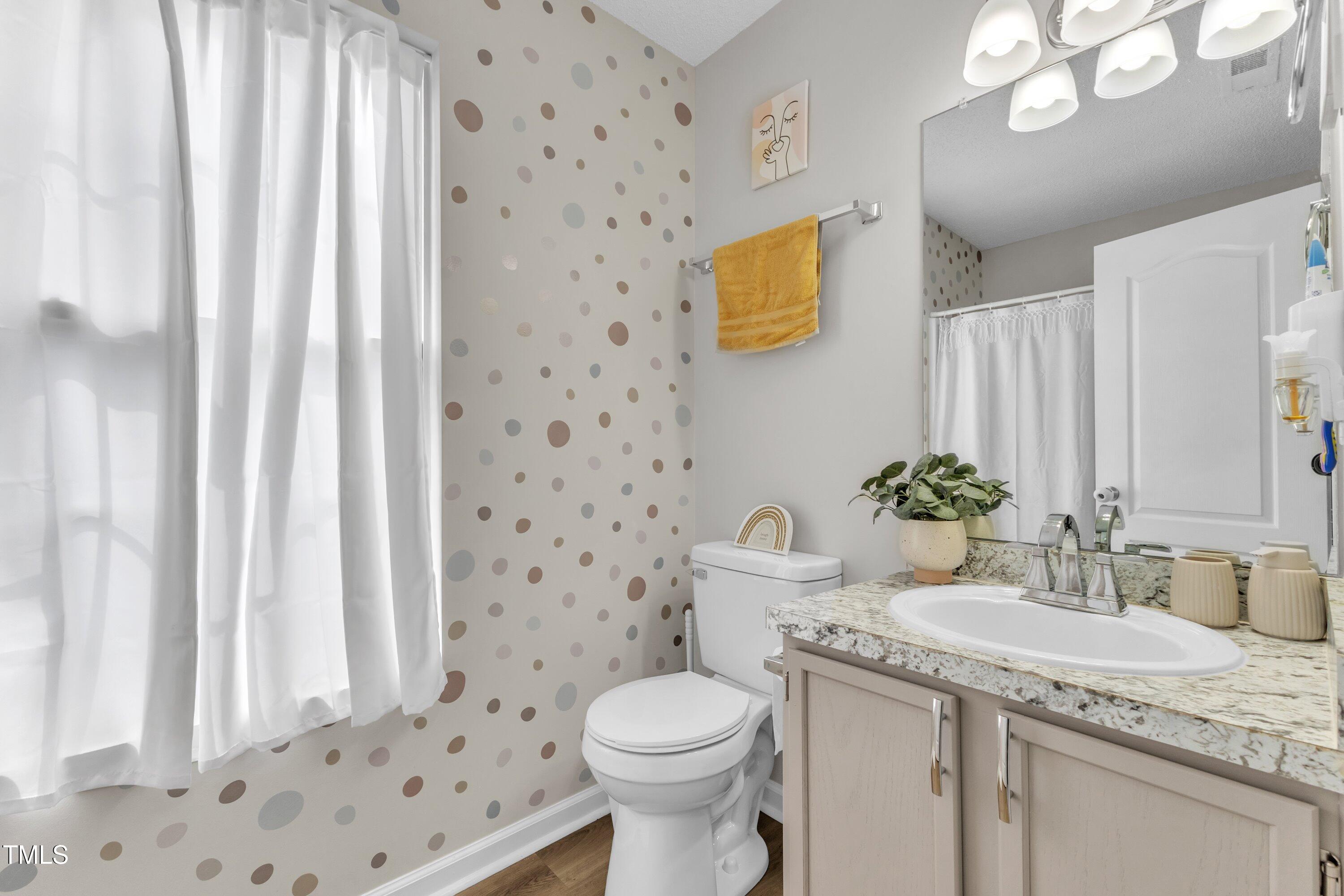4105 Crowfield Drive Raleigh, NC 27610 - Photo 31 of 38 a bathroom with a granite countertop sink a toilet and a mirror