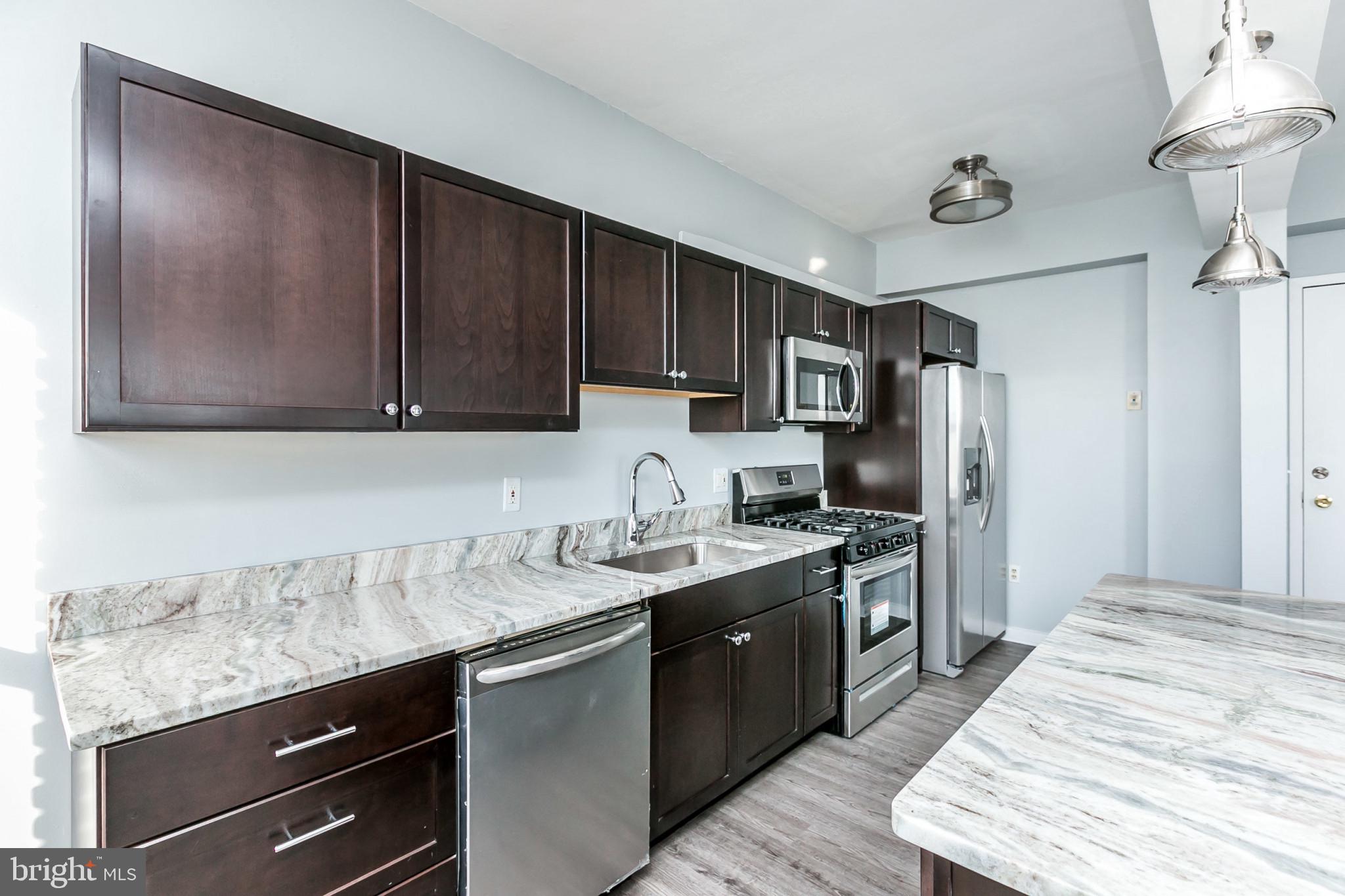 1001 St Paul Street, Unit 6G Baltimore, MD 21202 - Photo 9 of 32 a kitchen with stainless steel appliances granite countertop a sink stove refrigerator granite counter tops wooden cabinets and wooden floor
