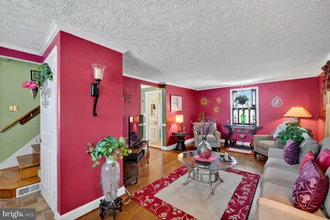 a living room with furniture potted plant and a fireplace