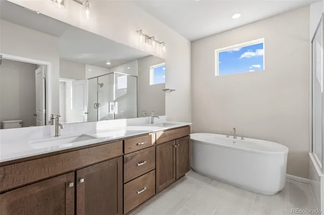 a bathroom with a double vanity sink mirror and bathtub
