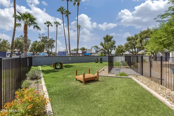 a garden view with a sitting space