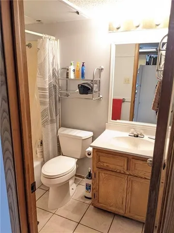 a bathroom with a sink a toilet a mirror and shower curtain