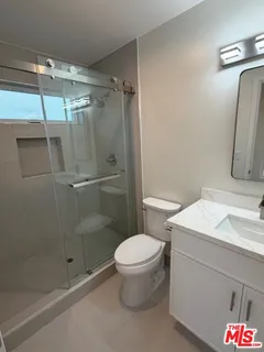 a bathroom with a shower and a toilet