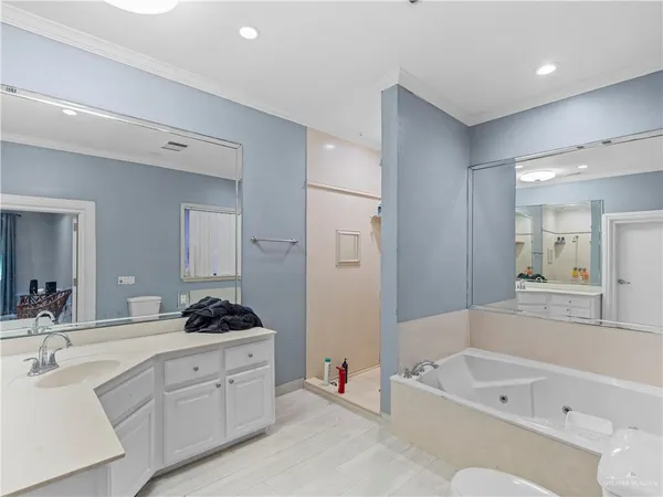 a bathroom with a bathtub and a shower