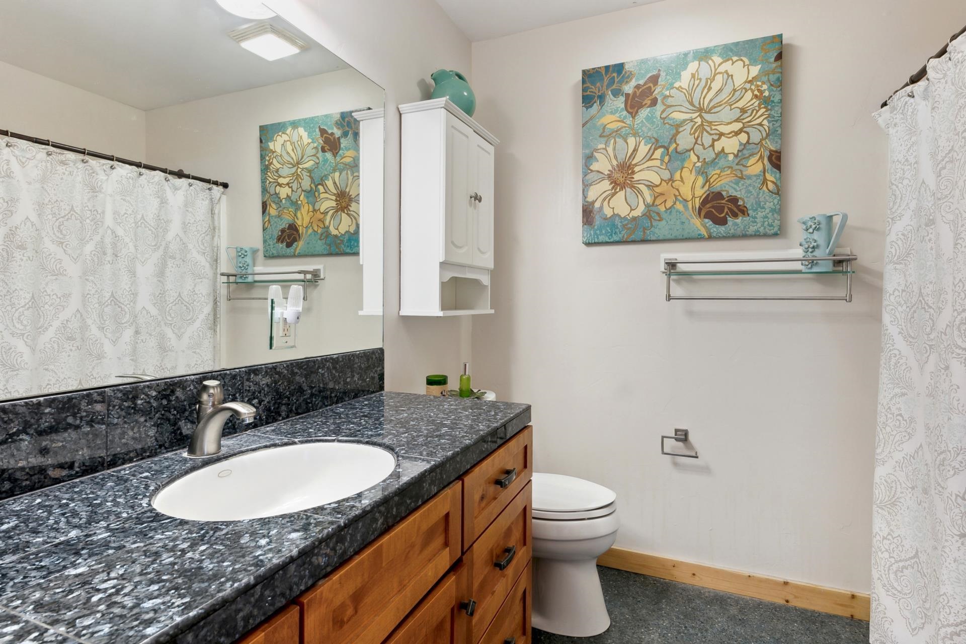 10383 Sugar Pine Road Truckee, CA 96161 - Photo 18 of 21 a bathroom with a granite countertop sink and a mirror