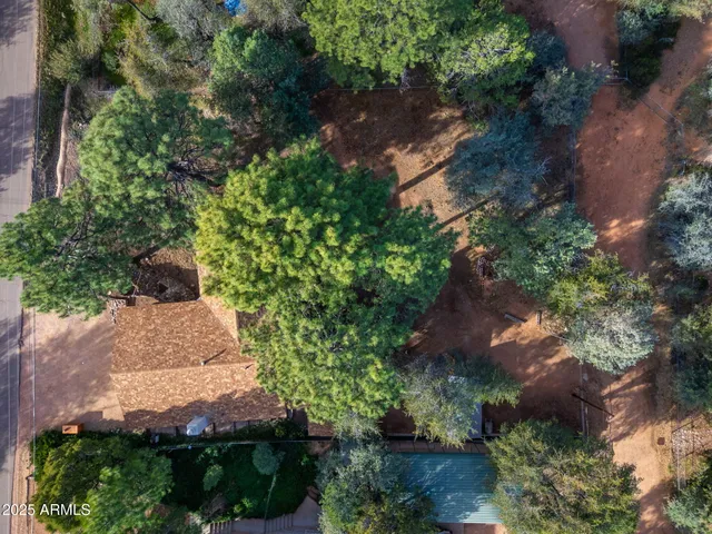 an aerial view of residential houses with outdoor space and trees