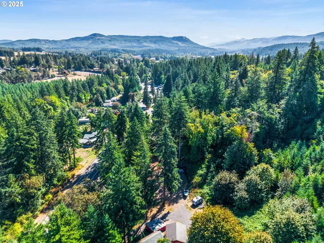 an aerial view of residential house with outdoor space and trees all around
