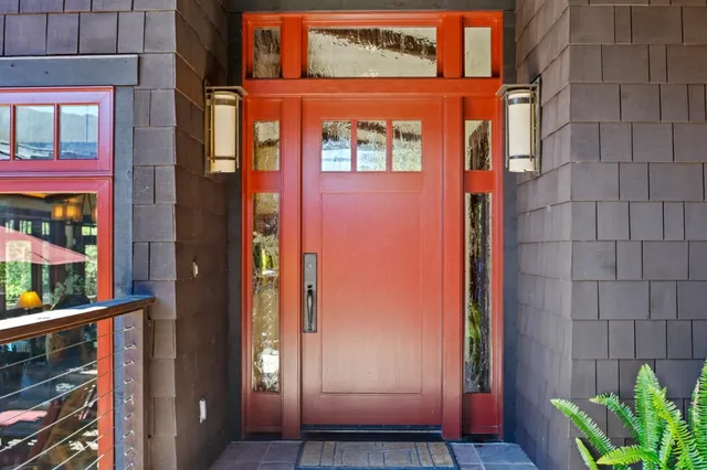 a front view of a building with a glass door