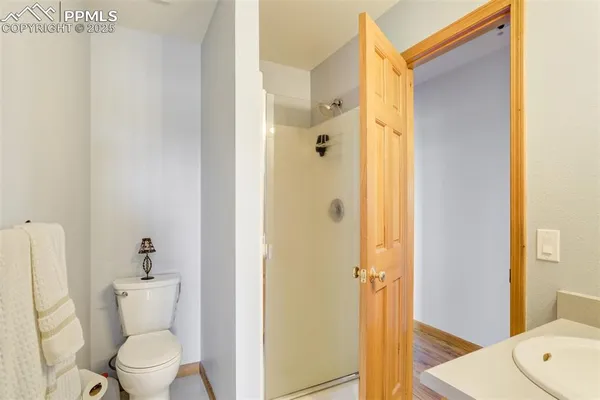 a bathroom with a toilet shower and a sink