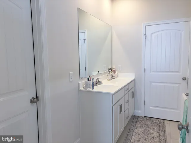 a bathroom with a sink a mirror and a shower