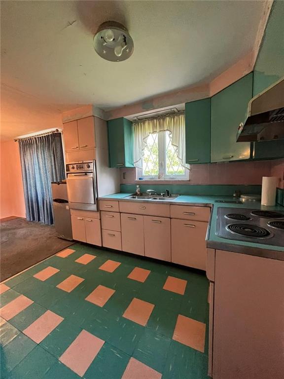 498 Highview Road Pittsburgh, PA 15228 - Photo 11 of 23 a kitchen with green cabinets a stove and a sink