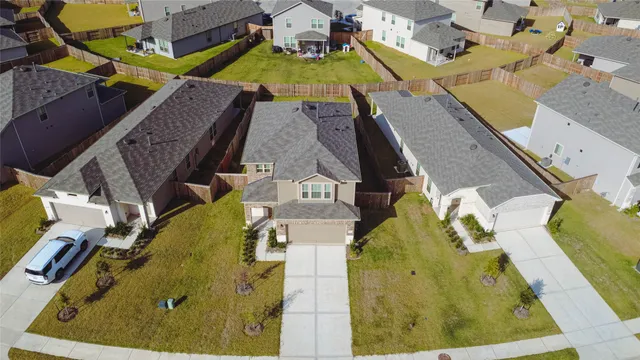 an aerial view of a swimming pool