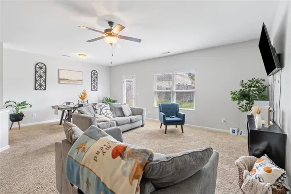 a living room with furniture potted plant and a window