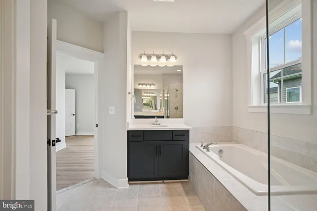 a bathroom with a bathtub sink and mirror