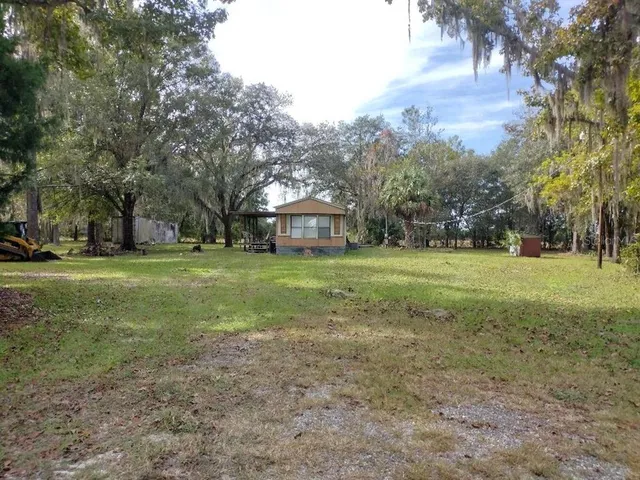 a view of a tree in front of a house with a big yard