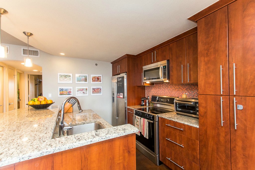 41 Waller Street, Unit 308 Austin, TX 78702 - Photo 14 of 34 a kitchen with stainless steel appliances granite countertop a sink stove and refrigerator