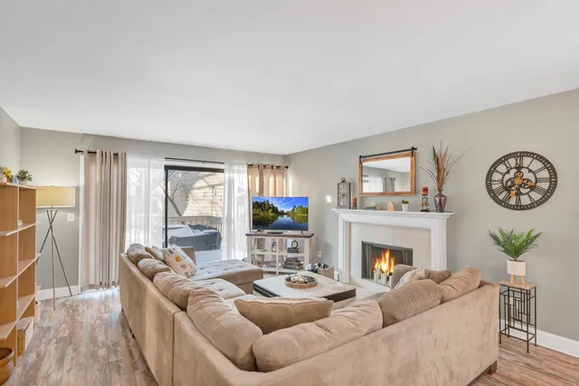 a living room with furniture a fireplace and a floor to ceiling window