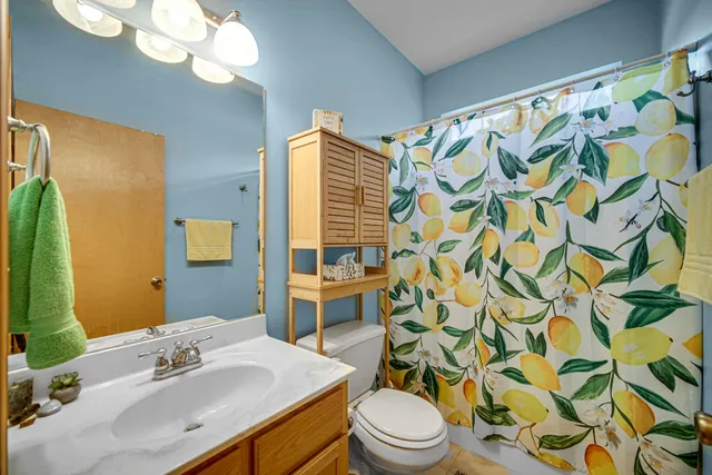 a bathroom with a sink a toilet and shower curtain