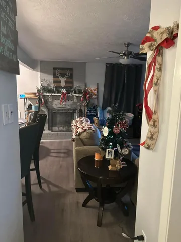 a view of a dining room with furniture
