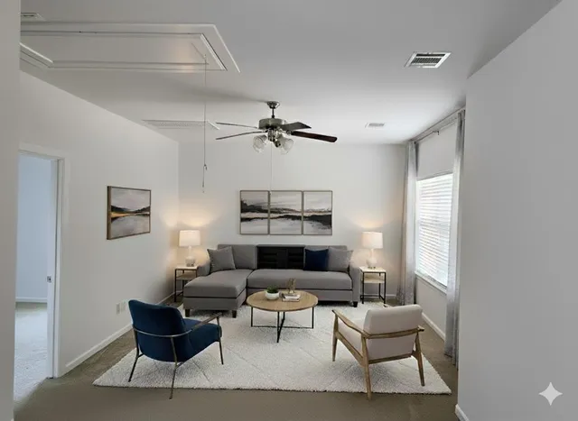 a view of a room that has a window in it