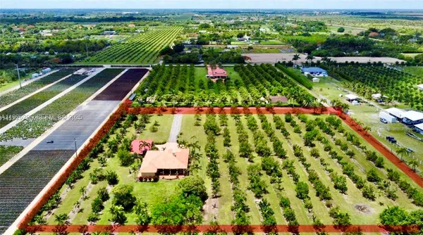 a view of a house with a big yard plants and large trees