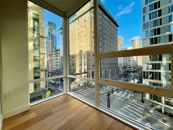 a view of a building from a balcony