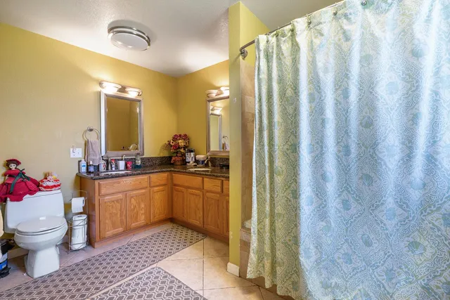 a bathroom with a sink a toilet and shower curtain